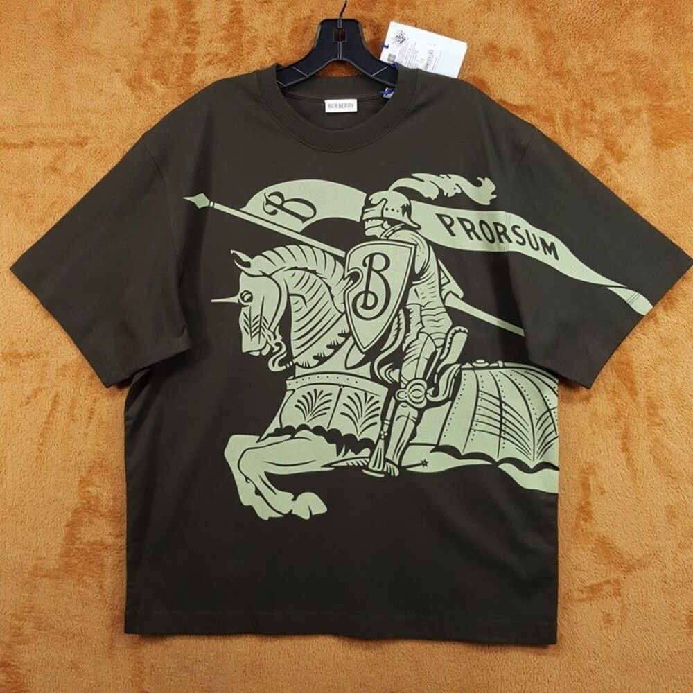 BURBERRY Shirt Mens XL Brown Green Crew Equestrian Knight Logo T-Shirt Tee $550